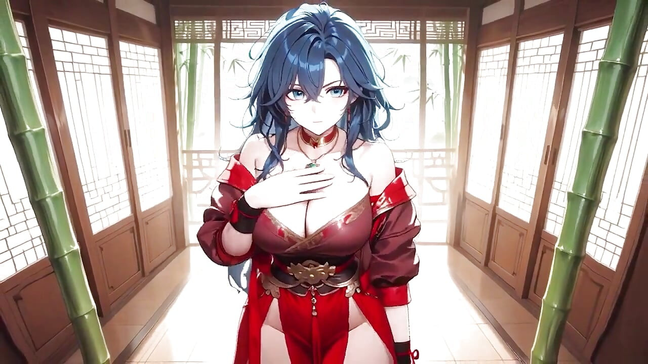 Blue-haired Domme Vs Muscular! Forbidden Deep Squats in a Navy Bedroom, Shy Chest Covering but Hips Thrusting Wildly