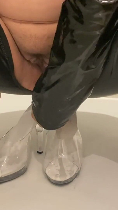 Pissing and cum on clear high heel mules | Clip 1