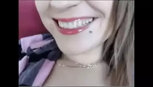 Girl playing with fake cum in her mouth