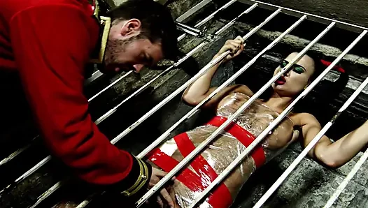Famous French pornstar slut tied up and fucked wrapped in nylon