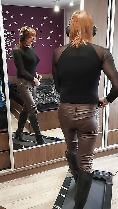 Learning to walk in heels in leather pants