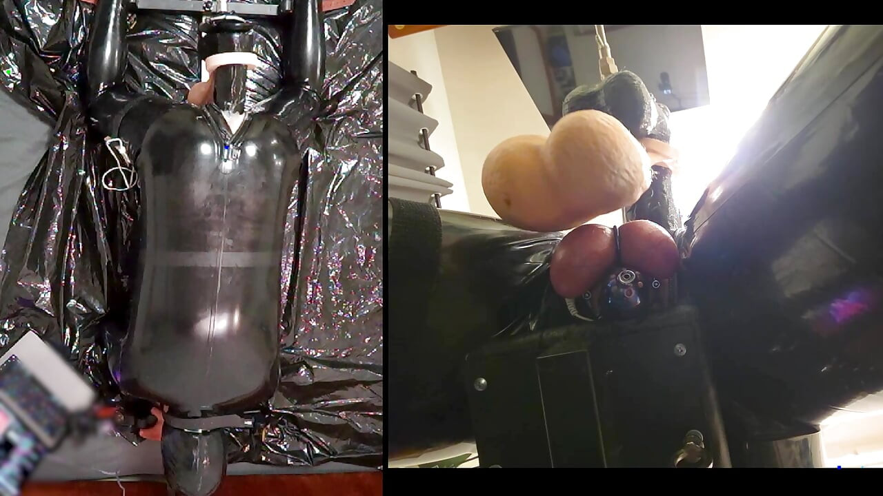 Session in the pillory with Latex Catsuit, PA Chastity, Giant Didildo and Estim