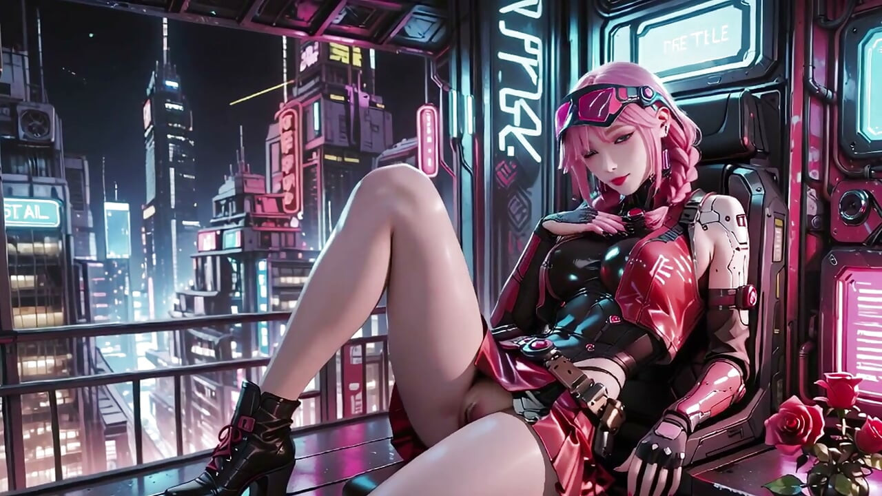 Pink-haired Mech Warrior! Kneeling in Neon Streets, Red Rose & Cold Armor Contrast, Fingertips tracing collarbones.