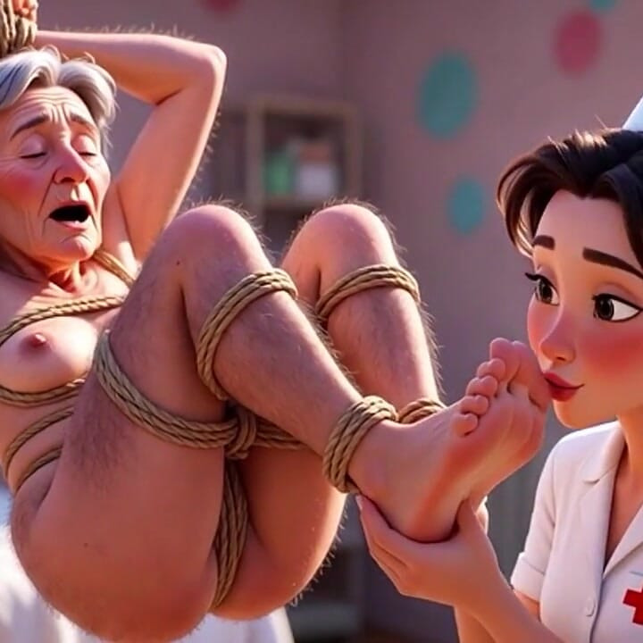 망명에서 묶인 노인 여성의 발을 숭배하는 젊은 간호사