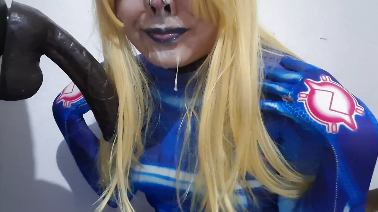 Cute Samus Femboy with BDSM Nosehook giving a Sloppy Blowjob to BBC Dildo, Deepthroat, Facial Fuck and Eating Semen