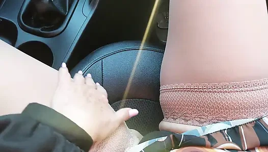 Horny stepmom teases her stepson with her sexy legs in stockings in the car