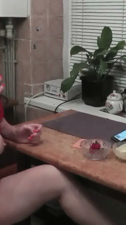 Without panties in kitchen beautiful brunette MILF eats banana fruits with cream fingering wet pussy and orgasm. Handjob | Clip 3