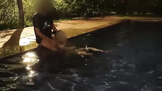Hot Wife Risking Fucking in Public Pool at Night