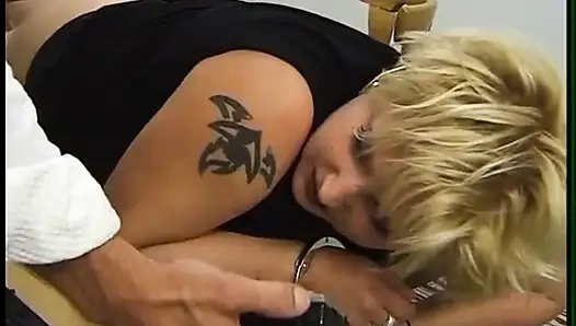 Mature blonde gets fisted and whipped by dominating males