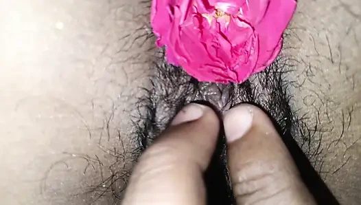 Hot romance with flowers in cute and wet pussy