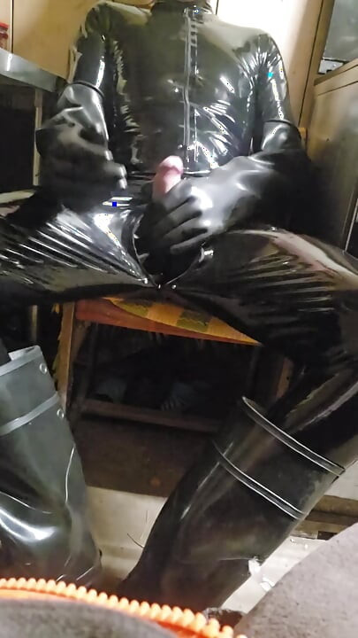 Latex catsuit and wellies