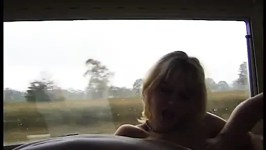 Blonde babe gets plowed in the car in a threesome