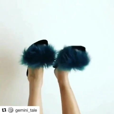 blue fluffy mules
