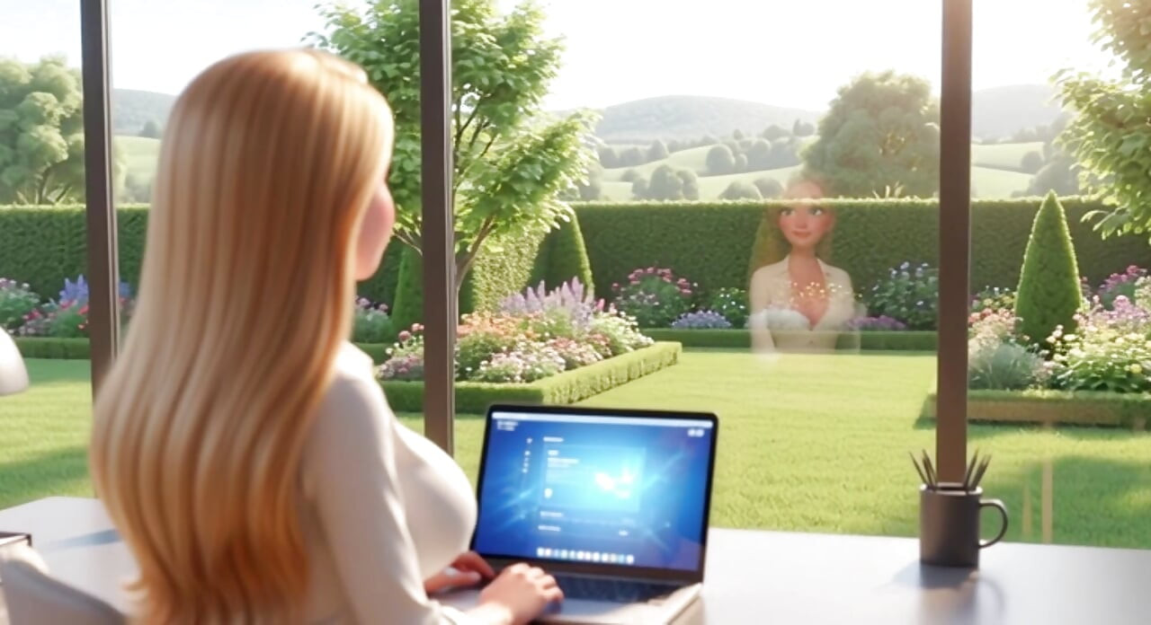 Elegant blonde boss  enjoys  pool with young gardener while husband away (AI generated)