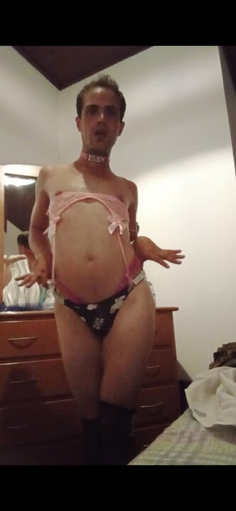 Sissy twink wear small pink chastity ad panties like a girlt