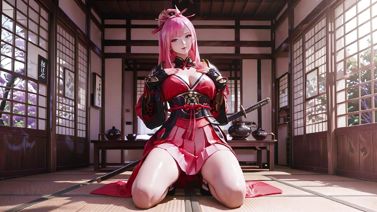 Prajurit berambut merah muda berlutut di tatami, kimono celah tinggi tergelincir untuk menunjukkan paha bersalju.