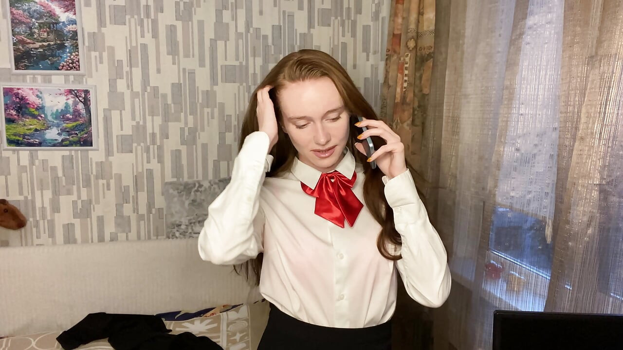 School girl can't concentrate and pushes her kitty to be pleased
