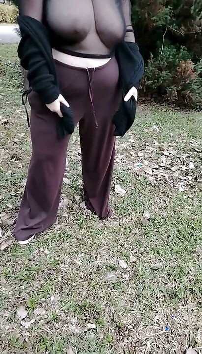 My stepmother walking in a transparent T-shirt.