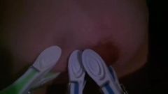 preggo slut removing pins from pussy and tits