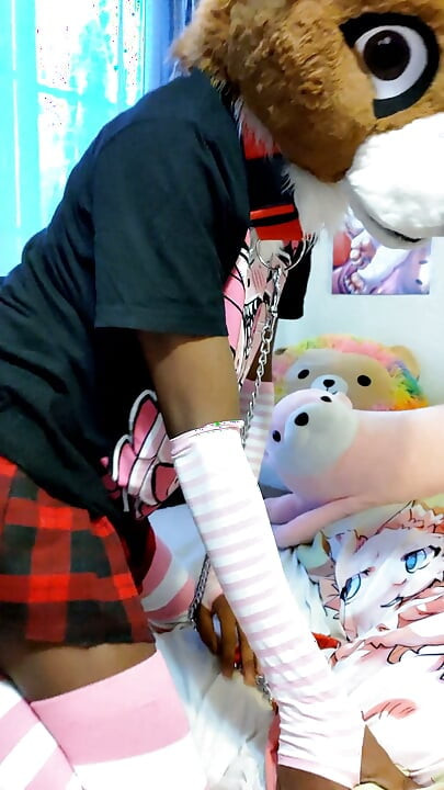 Sissy femboy slut in fursuit shows you his tight ass and chastity cage