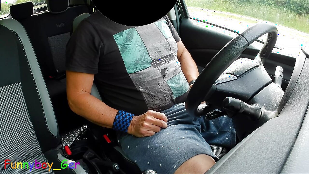 Very public, I jerk off my cock in the car by the side of the road, going from precum all the way to cumming.