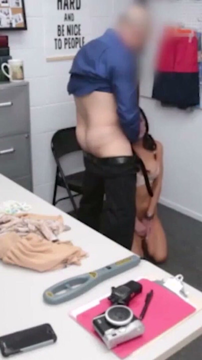 Big tits brunette MILF shoplifter fucked in the security gua | Clip 1