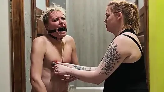 Femdom. Sex Slave of a Dominatrix. Handcuffed, His Dick Tied up, Toothpaste Smeared on It, and Covered in Urine.