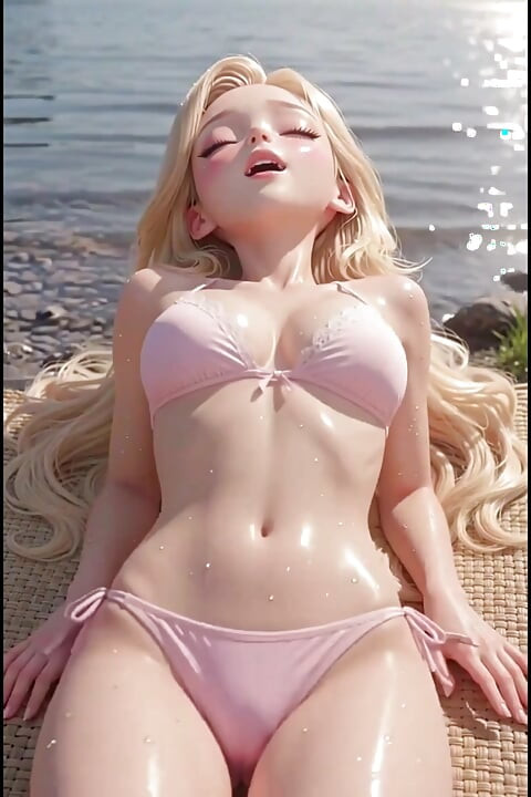 Sexy blonde anime woman, at the public lake, cute, sunny