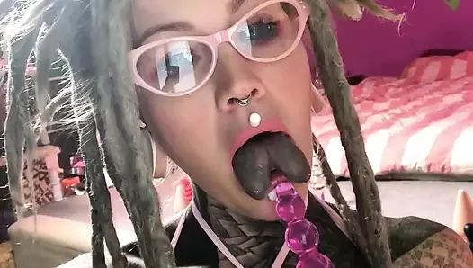 Hot Solo Tattooed Babe with Glasses Plays with Creamy Pussy & Dildo