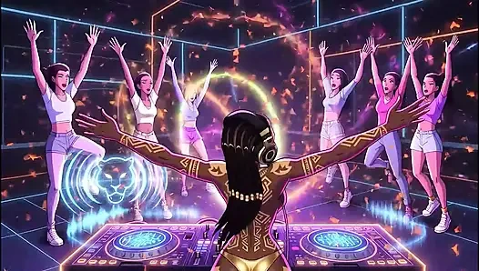 AI-DJ-Mädchen auf privater exklusiver party - Strand Sunset + Tron TRON + Tokio Neon