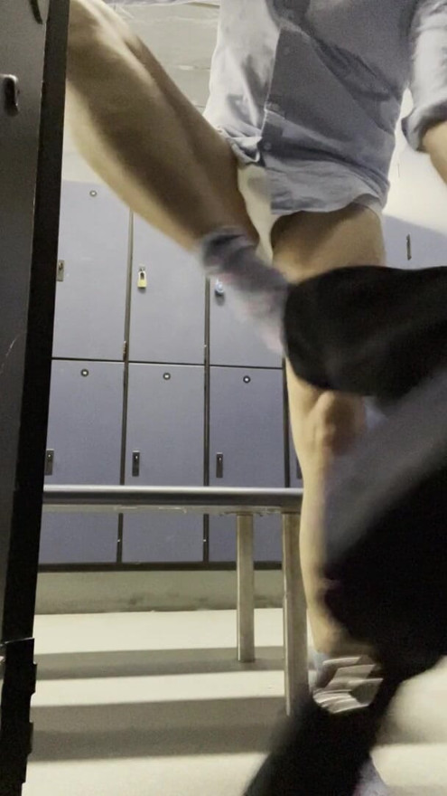 Changing in the locker room and showing my chastity cage.