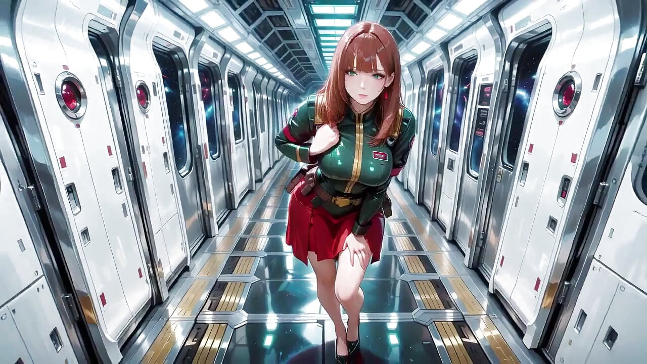 Dentro del tren de ciencia ficción, usa una armadura verde apretada, tocando sus labios rojos mientras mira la galaxia a través de la porra.