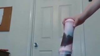 brunette 9 months preggo uses huge dildo