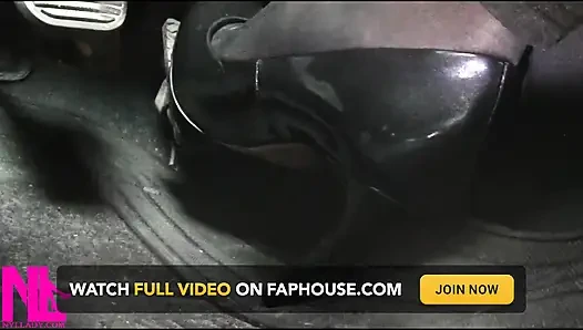 Revving and Driving in Black Pantyhose and Grey High Heels