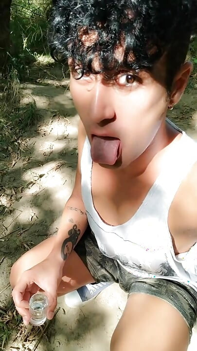 Spitting Guys Thick Cum to the Glass and Having It Again After Blowjob Outdoor