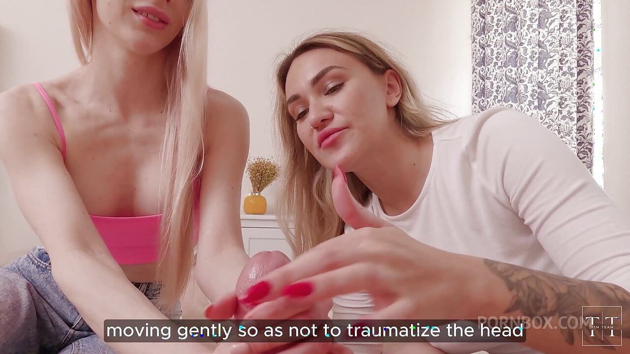 Handjob Mastery or Blowjob Bliss, Cute Girls Make a Guy Cum on Himself While Debating