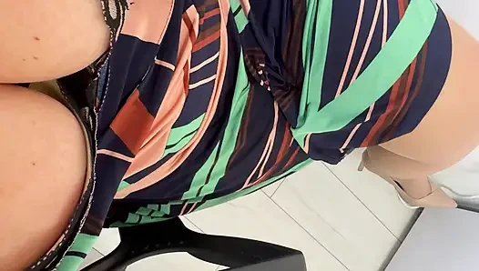 Elegant secretary takes out her big tits and masturbates in front of her boss