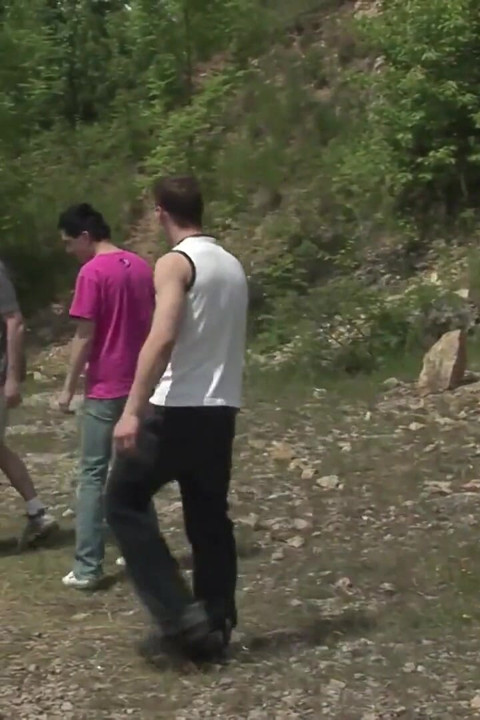 Exclusive video Bareback: Outdoor threesome fuck with three hot horny guys