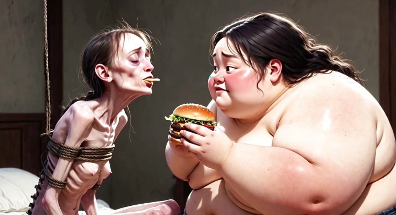 Skinny Girl Getting Fed by Huge Fat Woman - Contrast Feeding Fetish