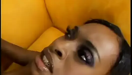 Ebony babe with sexy ass gets oiled and fucked by ebony dick on sofa