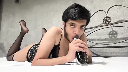 Sexy sissy slut in feminine clothing deep throats her toy then begins fucking herself to orgasm