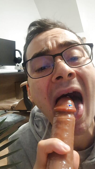 College boy sucks daddy's cock until he cums in his mouth (dildo)