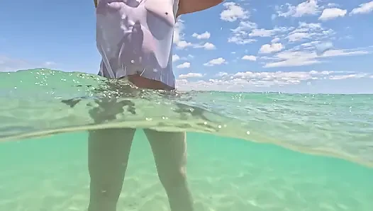 MILF Underwater in Sheer White T-shirt No Panties, Bare Pussy & Ass Close-ups