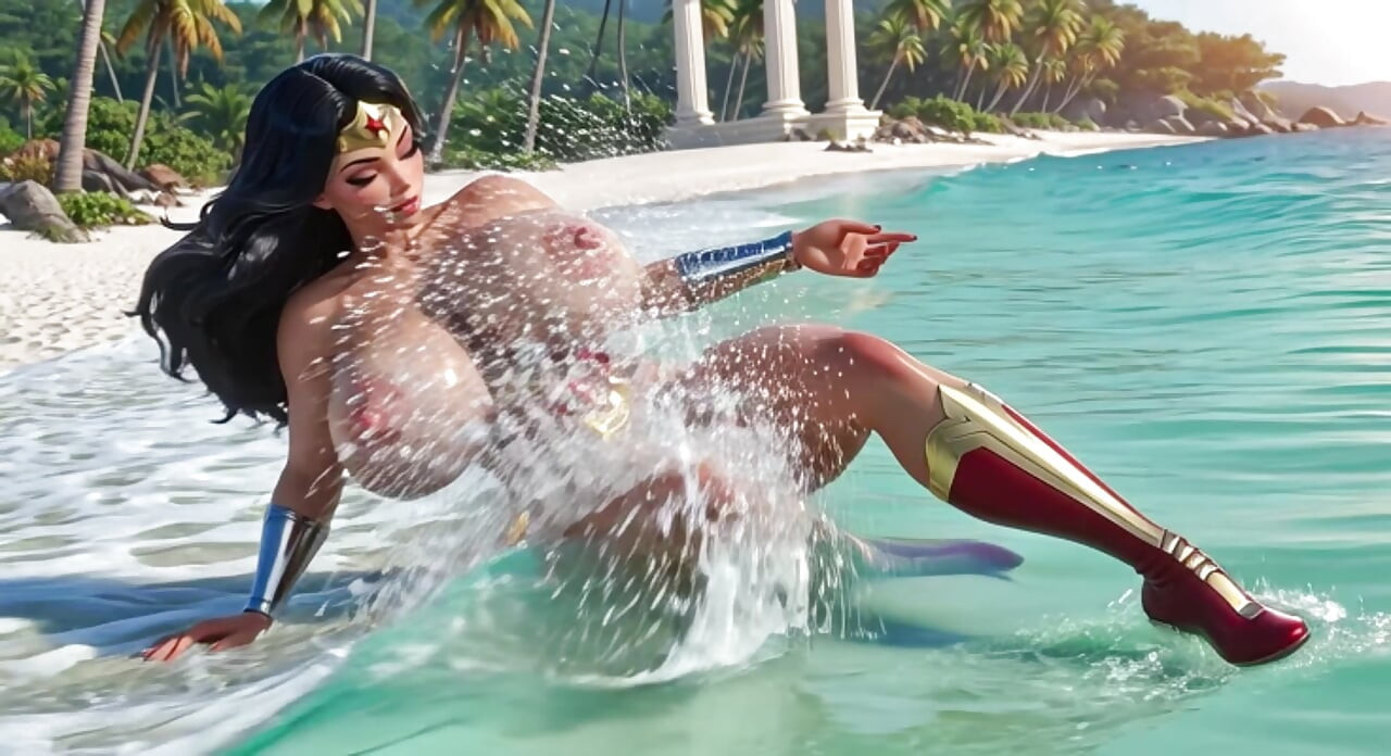 Wonder Woman Relaxes Nude In Themyscira Paradise Island With Crystal Lagoon And Powerful Waterfall
