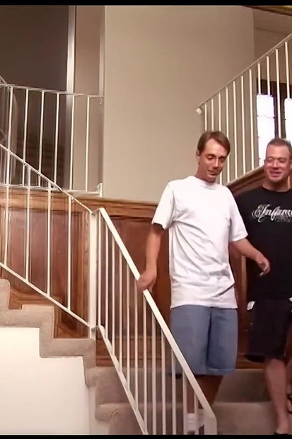The brunette gets her workout interrupted by two men in need of hardcore double penetration