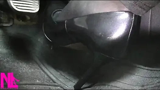 Revving and Driving in Black Pantyhose and Grey High Heels