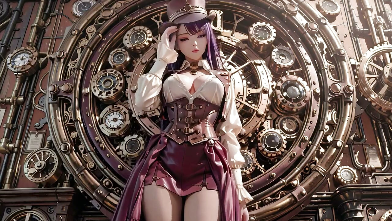 Purple Hairs in a Steam Fantasy! Surrounded by giant gears, she kneels lazily.