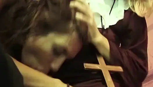 Blonde and Brunette in Steamy Warehouse Threesome with Pink Lights