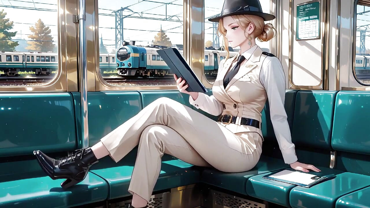 Leaning Against the Vintage Train Door, She Runs Her Hand Down Sheer Stockings While Gazing with a Cold yet Misty Look