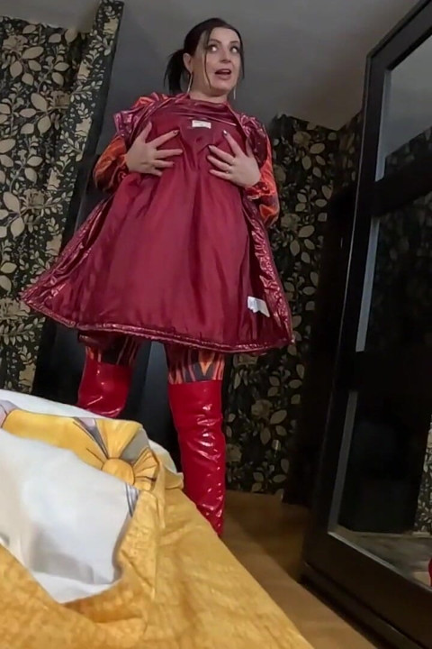 Red Nylon Jumpsuit Fetish - Cameltoe Tease, Deep Blowjob and Cum on My Downjacket